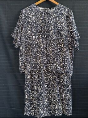 Rodier Vintage Blue Tan 100% Silk 2 pc skirt and top set outfit France Sz 3 M 8